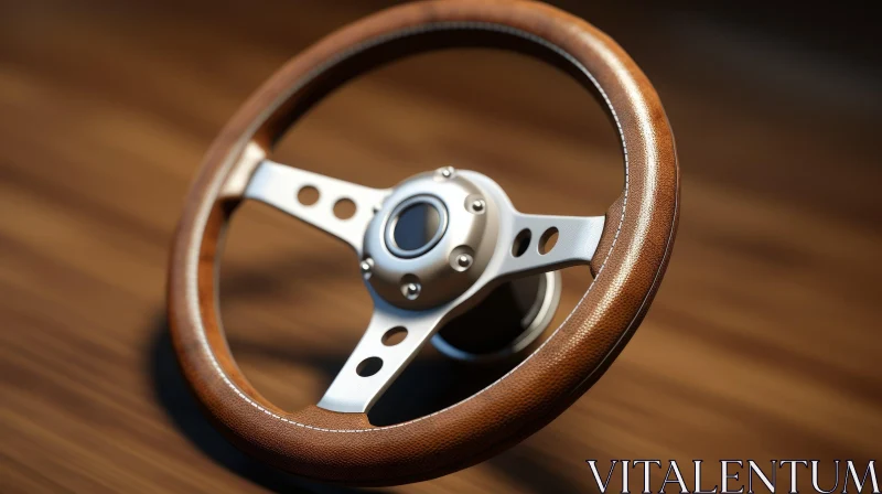 Brown Leather Steering Wheel on Wooden Surface AI Image