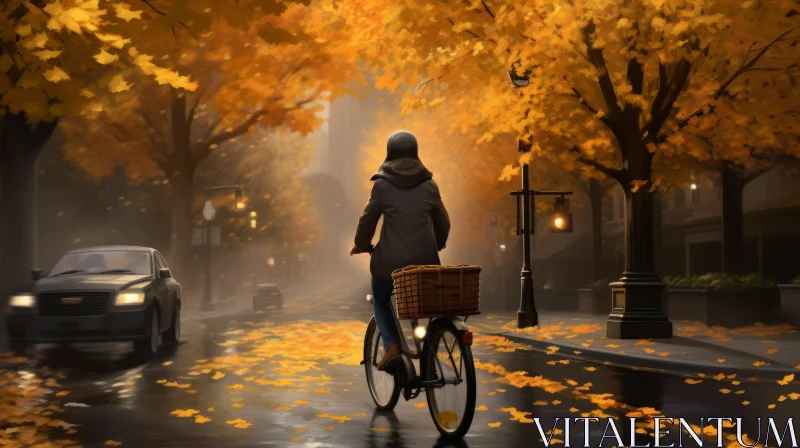 Cyclist in Autumn Street Painting AI Image