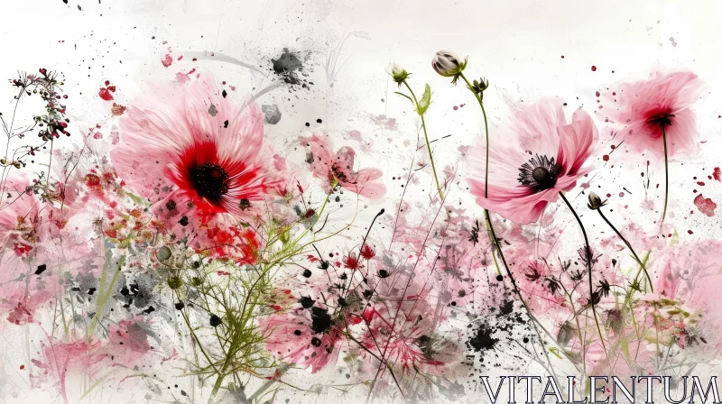 Pink and Red Flowers Watercolor Painting in a Dreamy Field AI Image