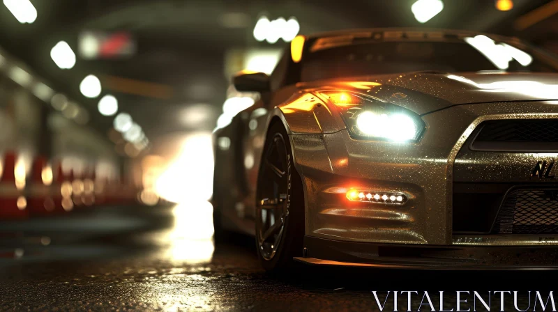 AI ART Silver Nissan GT-R Sports Car in Dark Tunnel with Headlights On
