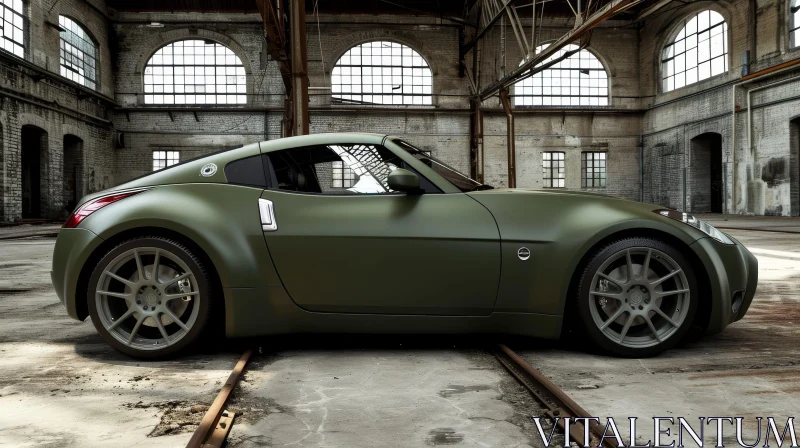 Green Nissan 350Z in Abandoned Warehouse - Urban 3D Rendering AI Image