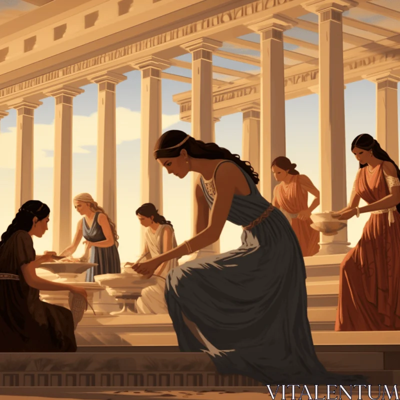 Ancient Greek Culture: Hyper-Detailed Illustration of Women Near Columns AI Image