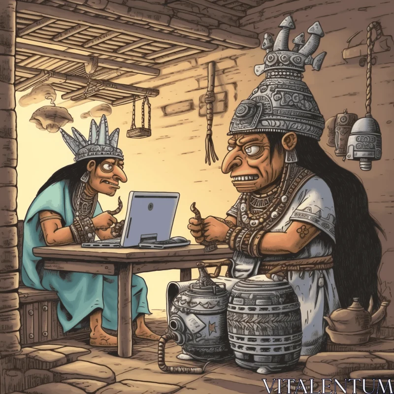 Captivating Mythological Artwork: Two People's Struggle Depicted in a Mexican Hut AI Image
