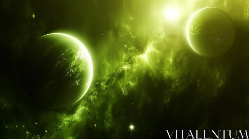 Enchanting Green Planets in Space - Cosmic Artwork AI Image