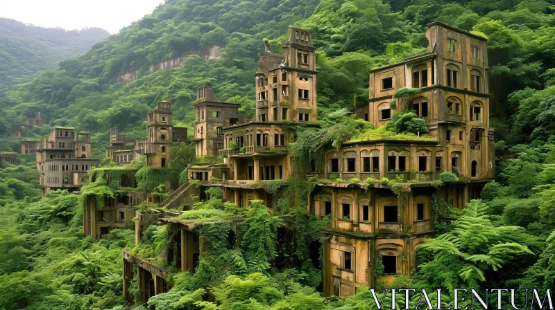 Ancient City Ruins Among Lush Vegetation and Mountains AI Image