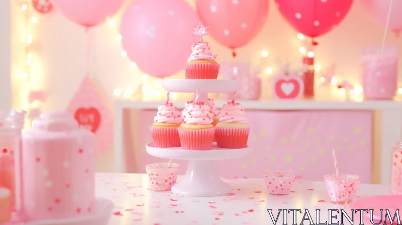 Stunning Cupcake Table Decor: Pink and White Delights AI Image