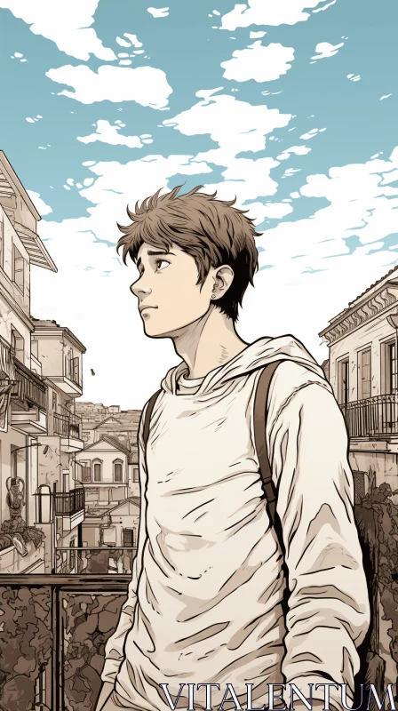Captivating Manga Artwork of a Young Man in a Mediterranean Landscape AI Image
