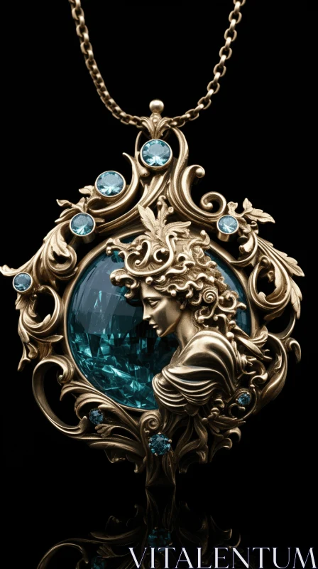 Exquisite Gold Pendant with Blue Stones - Detailed Fantasy Art AI Image