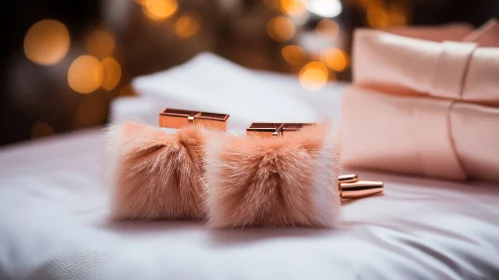 Rosegold Fluffy Pink Fur Cufflinks on Silk Fabric