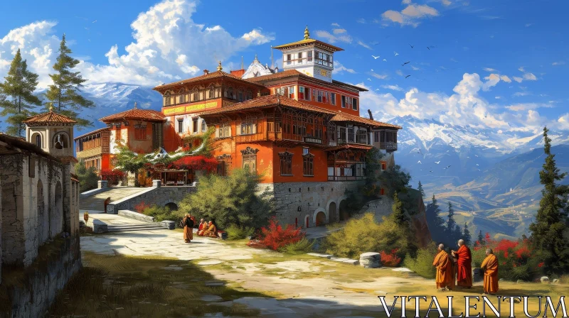 Serene Monastery Temple Complex Painting AI Image