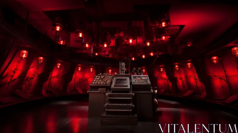 AI ART Steampunk Control Room Console with Red Lights