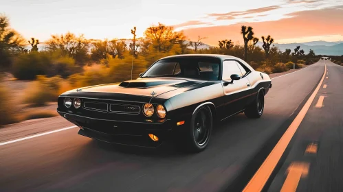 1970s Black Dodge Challenger Muscle Car Desert Drive