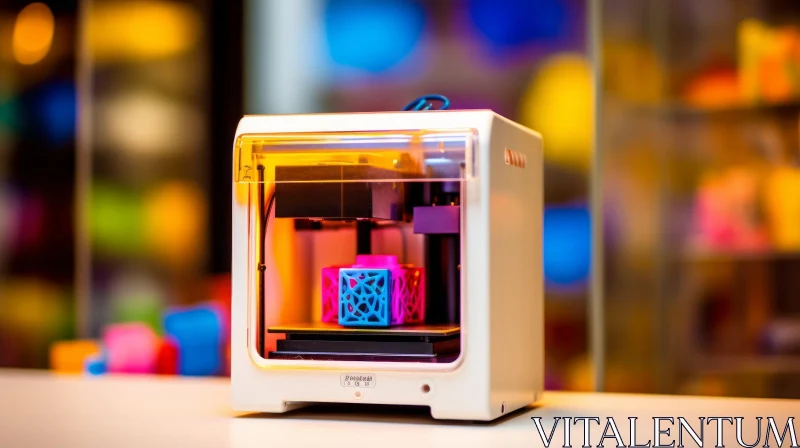 3D Printer Creating Pink and Blue Cube on White Table AI Image