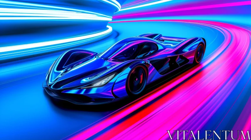 Blue and Purple Futuristic Sports Car in Neon-Lit Tunnel AI Image