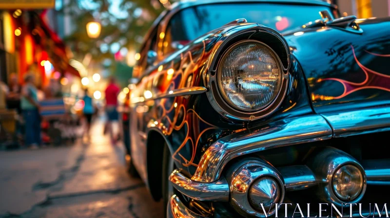 Classic Black Car Close-Up: City Street Night Scene AI Image