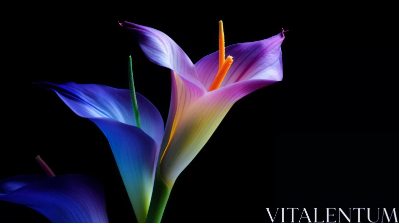Colorful Calla Lily Trio on Dark Background AI Image