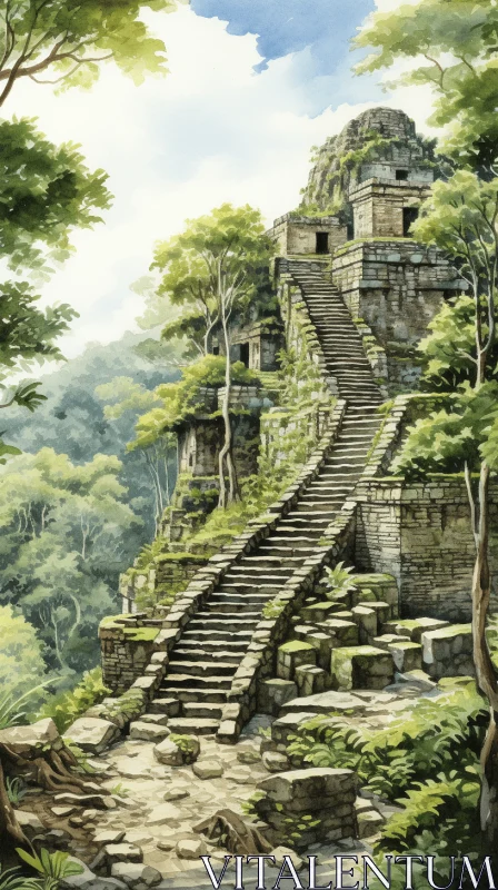 Scenic Jungle with Ancient Stone Pyramid: Detailed Architecture Painting AI Image