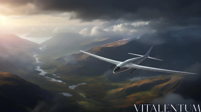 Sleek Aircraft Soaring Through Majestic Mountain Landscape AI Image