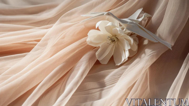 White Origami Crane and Flower on Peach Fabric Background AI Image