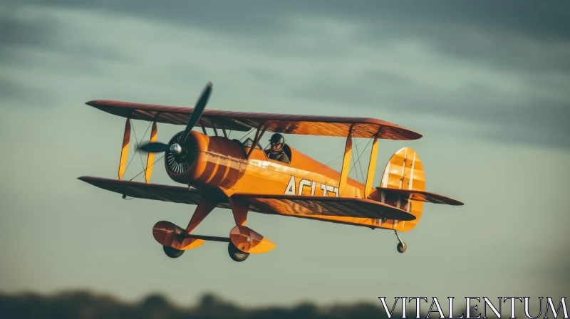 Yellow Vintage Biplane Flight in Cloudy Sky AI Image
