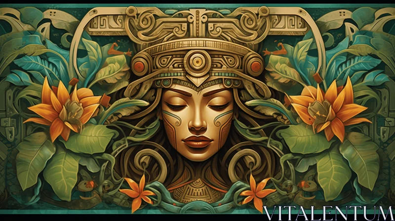 Enigmatic Woman with Aztec Headpiece: A Captivating Artwork AI Image