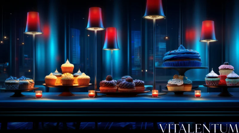 Exquisite Cupcakes Displayed on Bar Counter | Cityscape Night AI Image