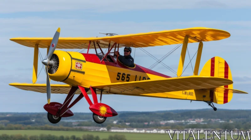 Yellow Biplane Flying Over Green Field AI Image