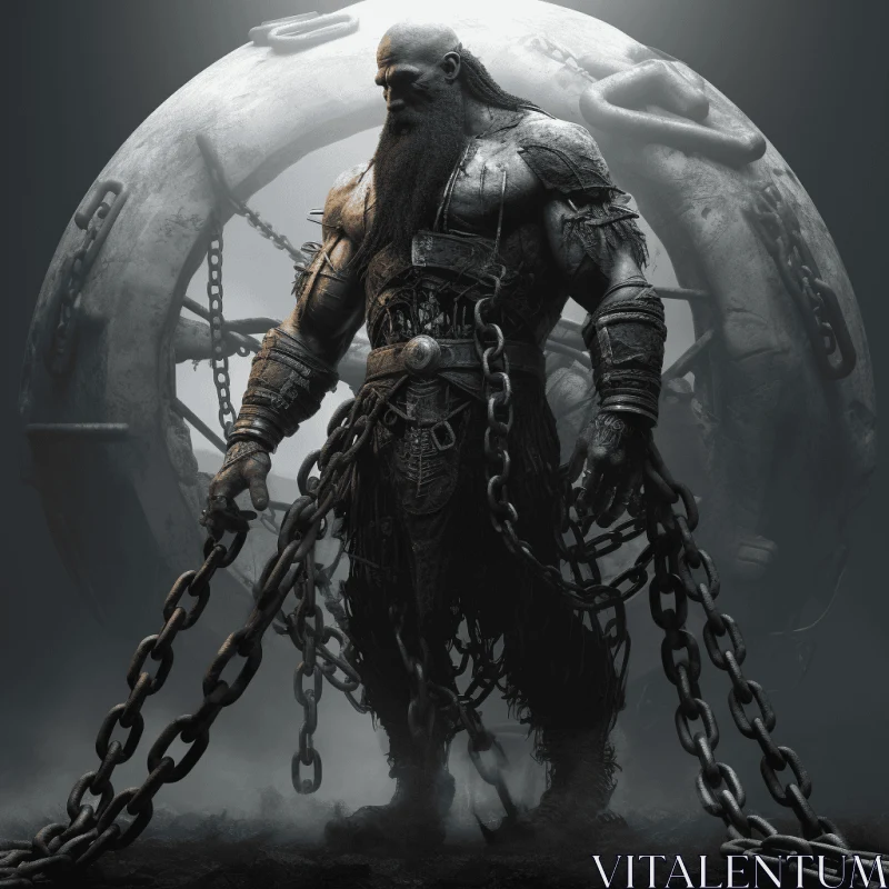 Captivating Dark Fantasy Art: Bearded Man Hanging by Chains AI Image