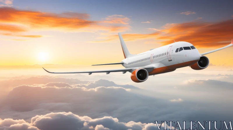 Orange Sunset Passenger Plane Flying Above Clouds AI Image
