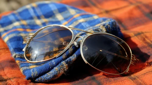 Stylish Aviator Sunglasses on Plaid Fabric | Sun Reflection