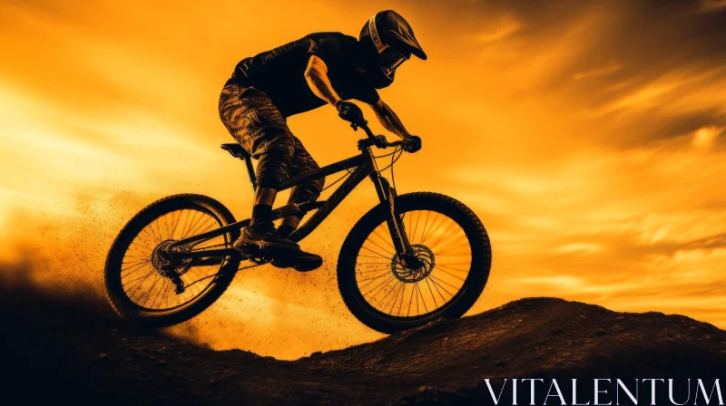Thrilling Mountain Biker Silhouette in Orange Sky AI Image