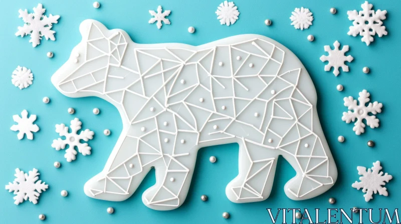 White Polar Bear Cookie on Blue Background with Snowflakes AI Image