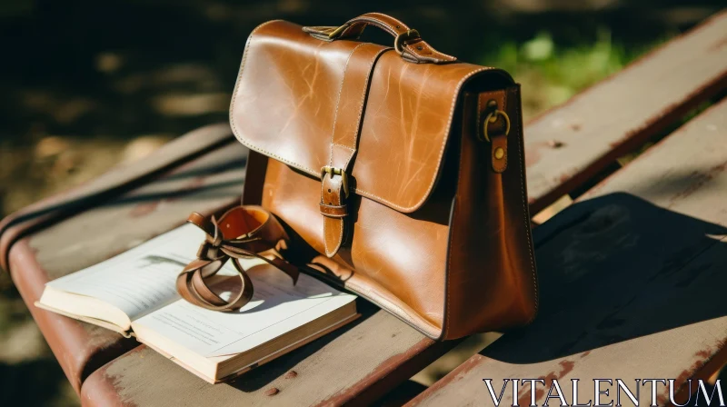 Brown Leather Briefcase and Open Book on Wooden Bench AI Image