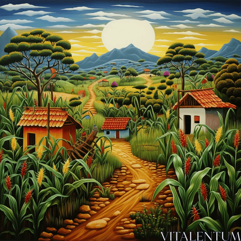 Colorful Farm Area with Wheat and Corn - Traditional African and Chicano Art AI Image