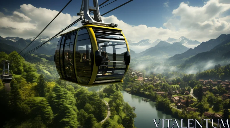 Yellow Cable Car Moving Over Scenic Valley AI Image