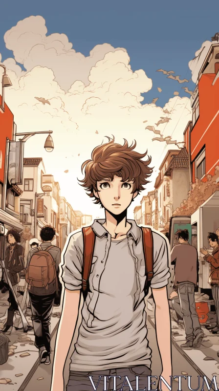 Anime-inspired Art: Young Man Walking in Graphic Novel Style AI Image