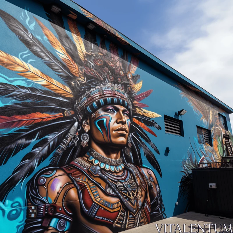 Captivating Indian Man Mural in Feathers and Aztec Art Style AI Image