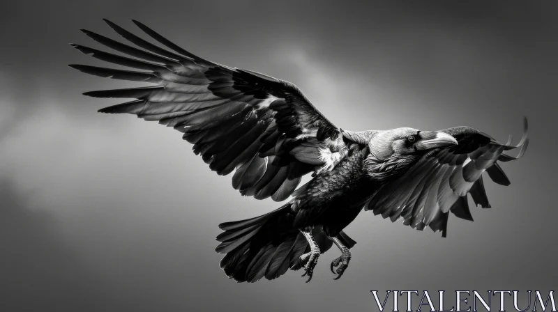 Majestic Raven in Flight | Black and White Photo AI Image