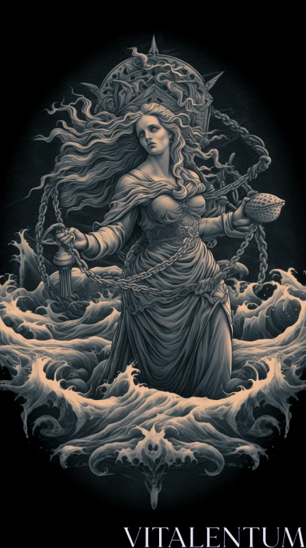 Ancient Ocean Goddess: A Captivating Monochromatic Realism Artwork AI Image
