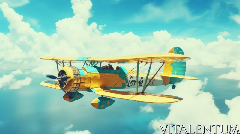 Biplane Flying in Blue Sky - High Altitude Flight AI Image