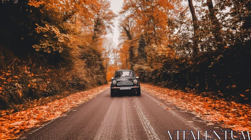 Black Mini Cooper Car Driving on Fall Road AI Image