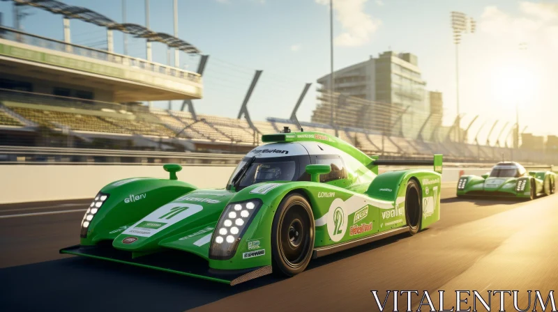 Green and White Race Car at High Speed