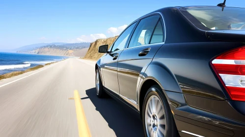 Speeding Black Luxury Car on Coastal Road