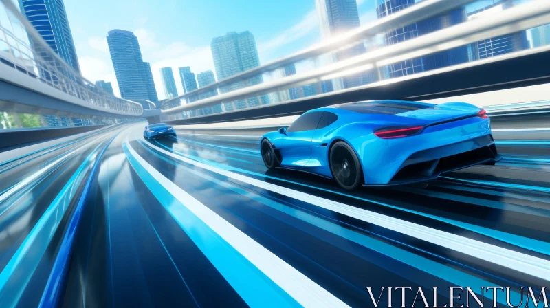 Blue Sports Car in Futuristic City | High-Speed Technology AI Image