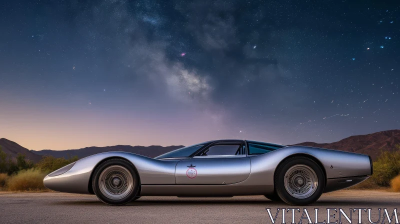 Futuristic Silver Sports Car in Desert Night AI Image