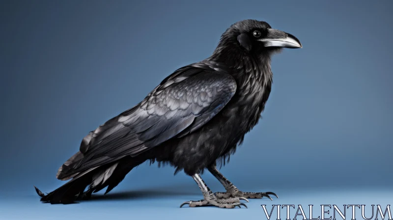 Raven with Black Feathers Studio Shot on Blue Background AI Image