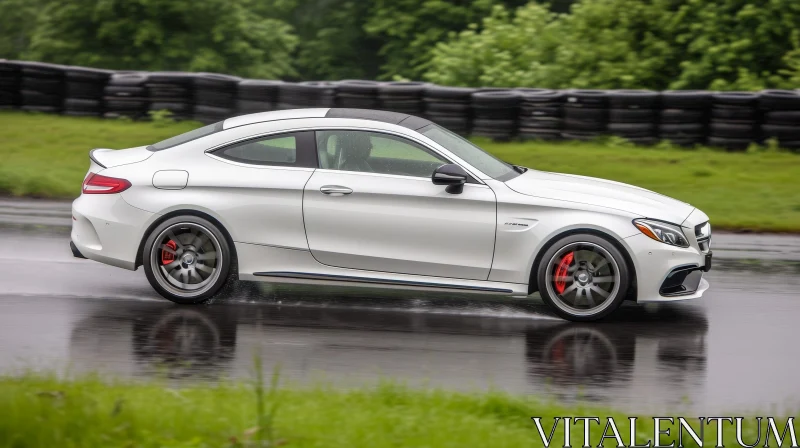 White Mercedes-Benz C63 AMG Coupe Racing on Wet Track AI Image