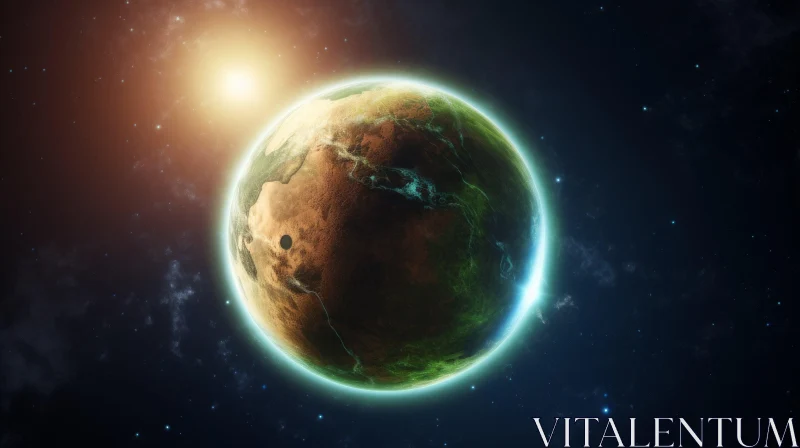 AI ART Enigmatic Alien Planet Landscape - Glowing Atmosphere & Bright Sun