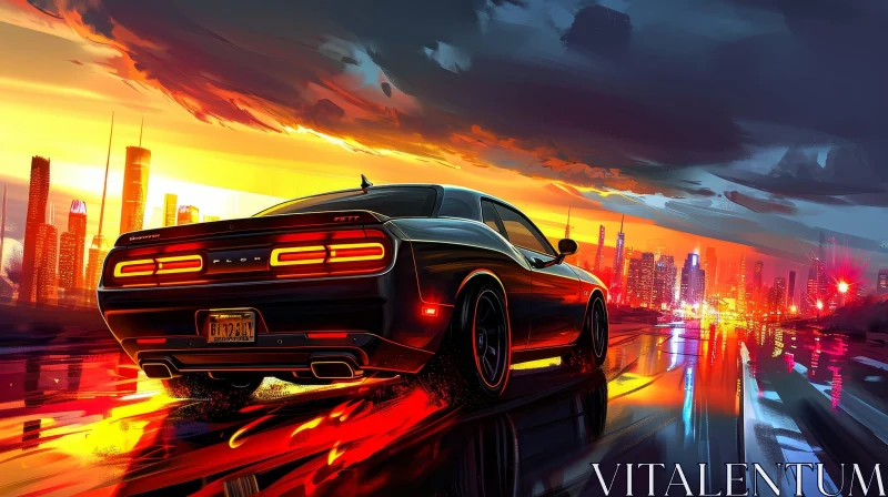 Night City Drive: Black Dodge Challenger SRT Hellcat Digital Painting AI Image