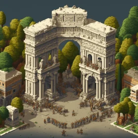 Pixel Art Illustration of an Ancient City with Arched Doorways